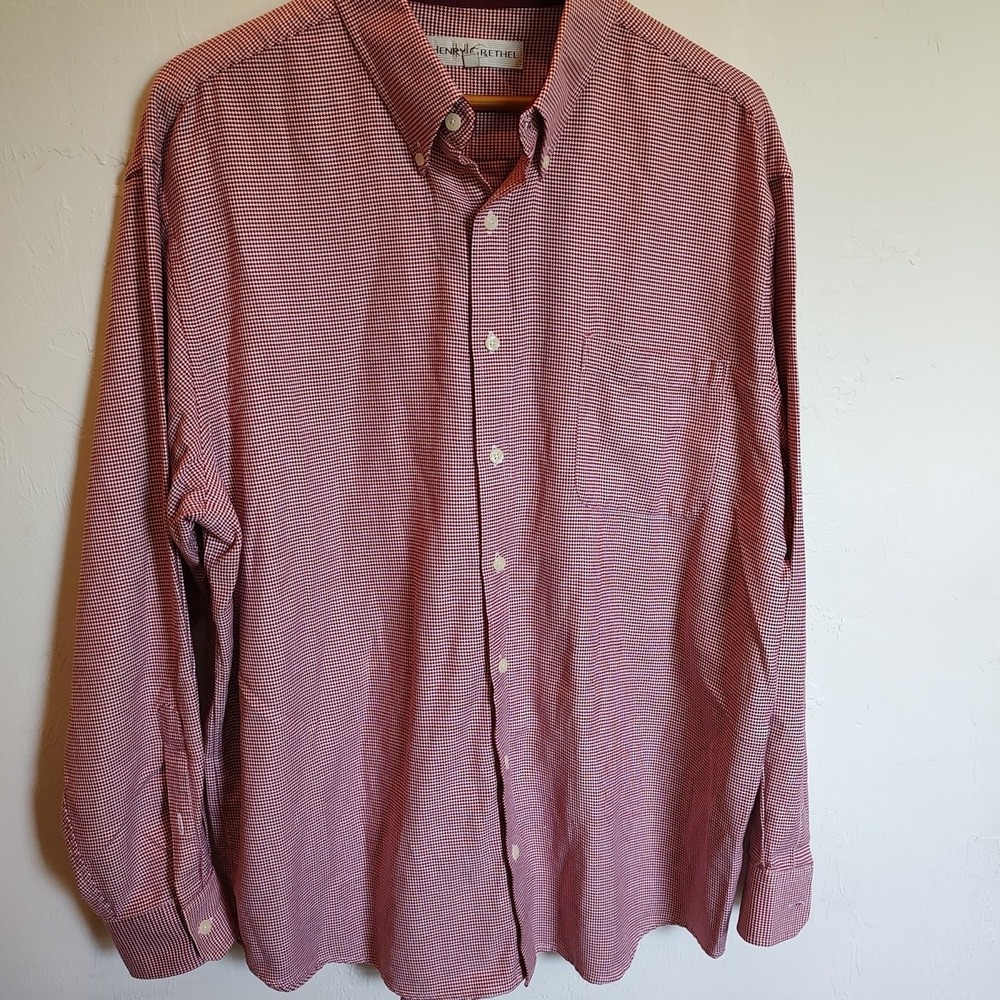 Henry Grethel‎ Men's Shirt Sz XLarge Red White Houndstooth Cotton Long Sleeve